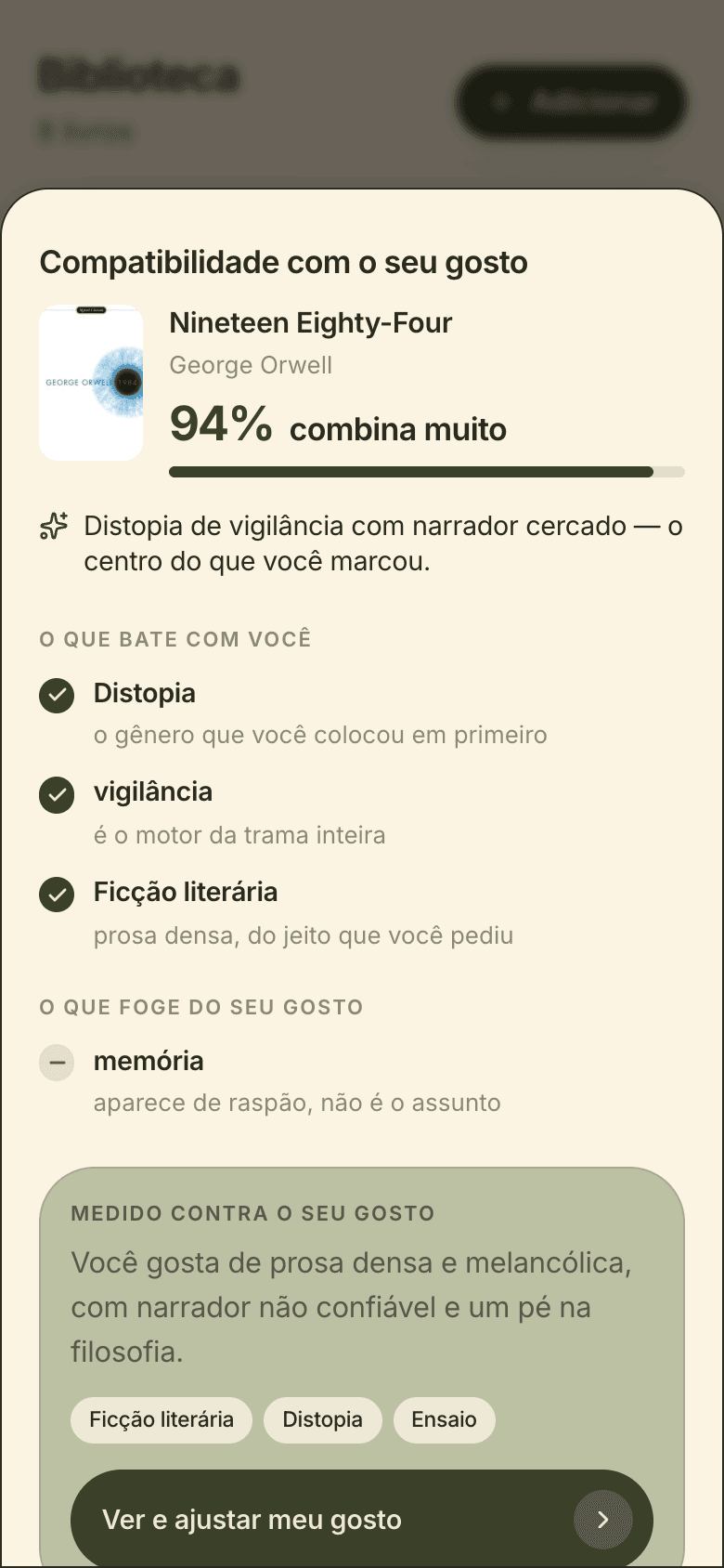 Tela de descobrir do LUME, com a compatibilidade de um livro com o gosto do leitor