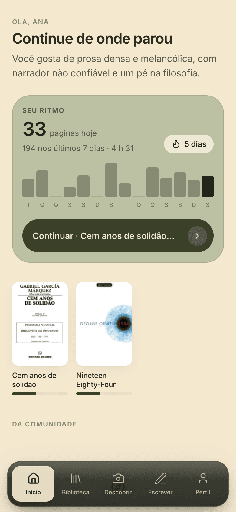 Tela inicial do LUME com o ritmo de leitura da semana